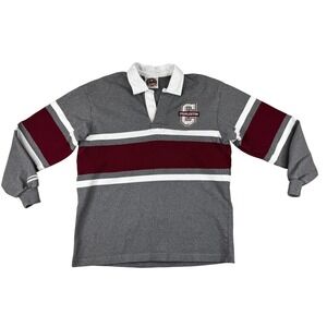Barbarian Rugby Polo Shirt Mens M Grey Maroon Charleston Striped Long Sleeve
